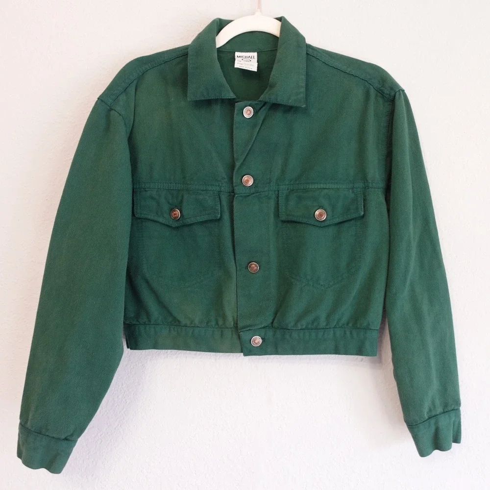 Vintage 90s Cropped Denim Jean Jacket Womens S Forest Green Boxy Faded Grunge - Picture 2 of 11